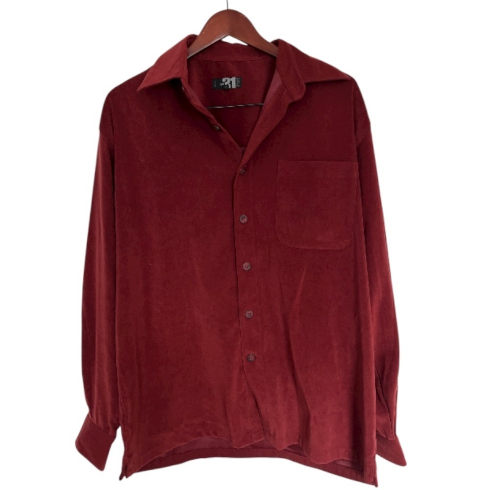 Le 31 Burgundy Oversized Button-Up Shirt Suede-Like Soft Fabric Men’s M